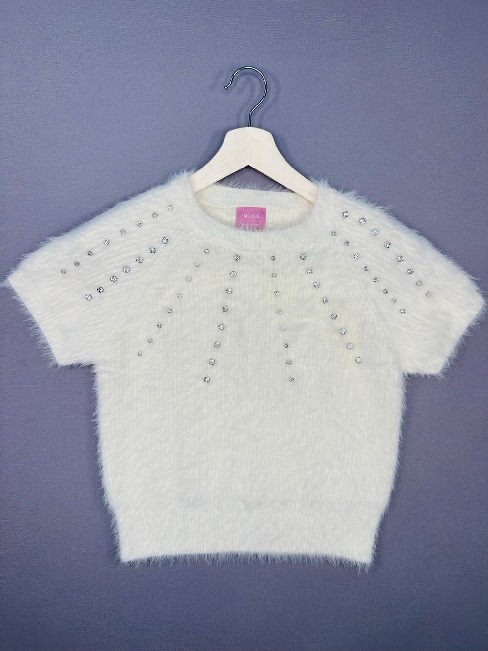 Muse Faux Angora and Rhinestone Fuzzy Short Sleeve Sweater Size Large